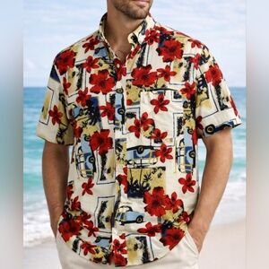 Natural Issue Hawaiian Shirt Men L Large Tropical Floral Car Print Button Up
